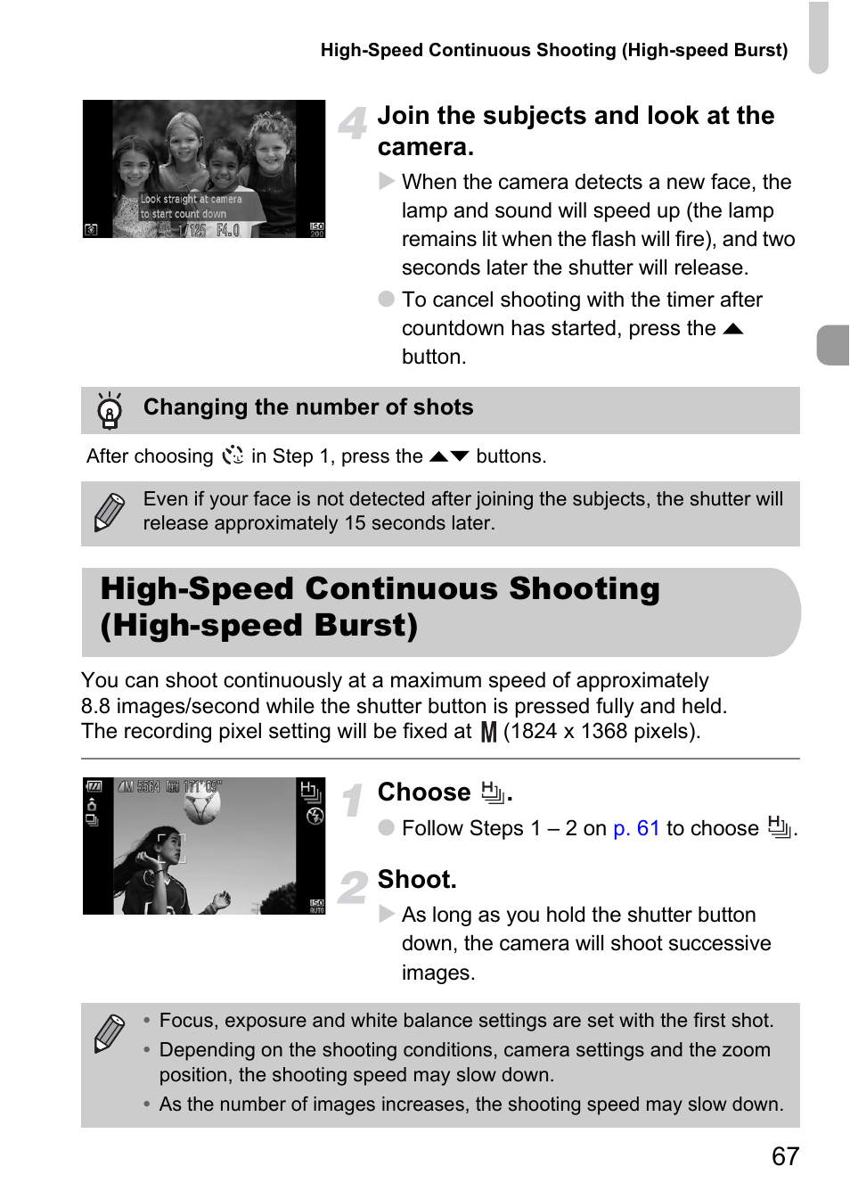 High-speed continuous shooting (high-speed burst), 67 join the subjects and look at the camera, Choose | Shoot | Canon IXUS 1000 HS User Manual | Page 67 / 178