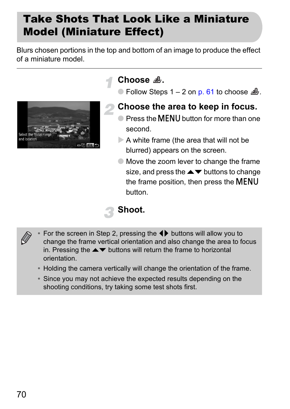 P. 70), Choose, Choose the area to keep in focus | Shoot | Canon IXUS 1000 HS User Manual | Page 70 / 178