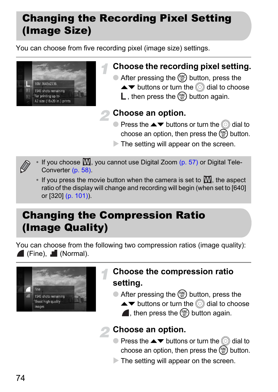 Changing the recording pixel setting (image size), Changing the compression ratio (image quality), Choose the recording pixel setting | Choose an option, Choose the compression ratio setting | Canon IXUS 1000 HS User Manual | Page 74 / 178