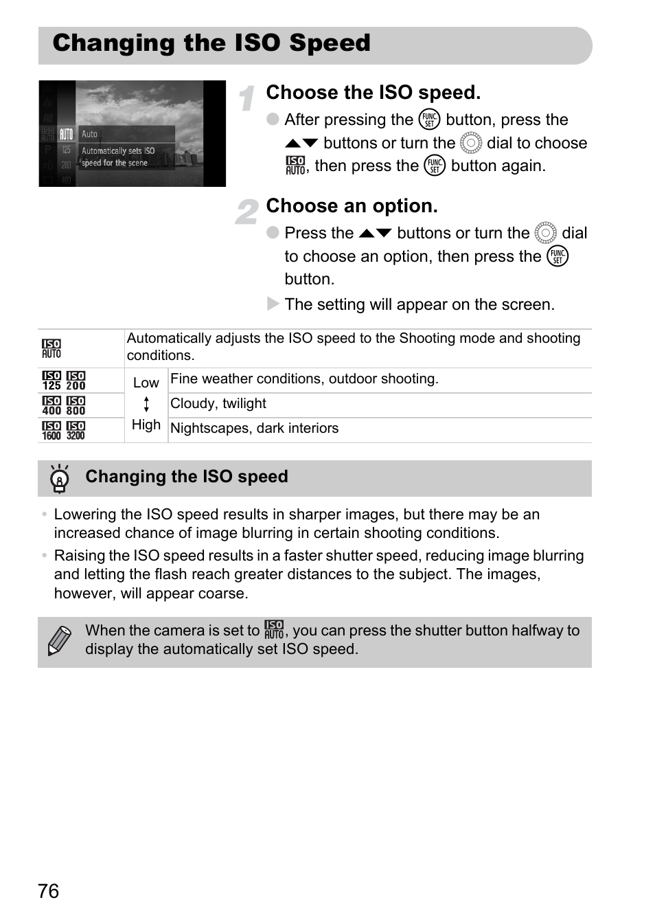 Changing the iso speed, P. 76), 76 choose the iso speed | Choose an option | Canon IXUS 1000 HS User Manual | Page 76 / 178