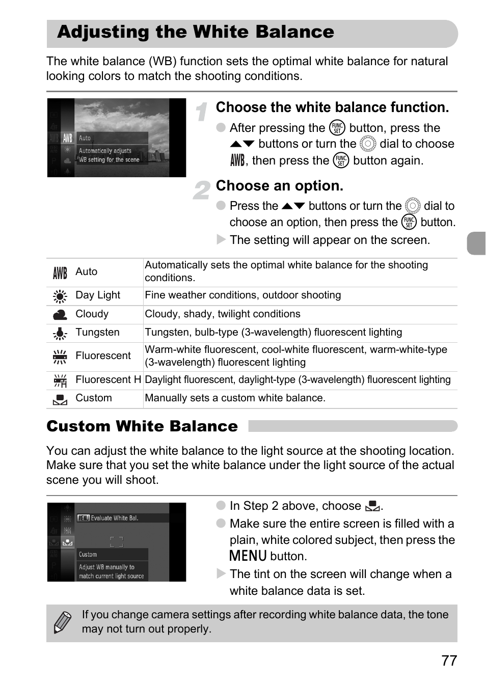 Adjusting the white balance, Lance, P. 77) | Custom white balance, Choose the white balance function, Choose an option | Canon IXUS 1000 HS User Manual | Page 77 / 178