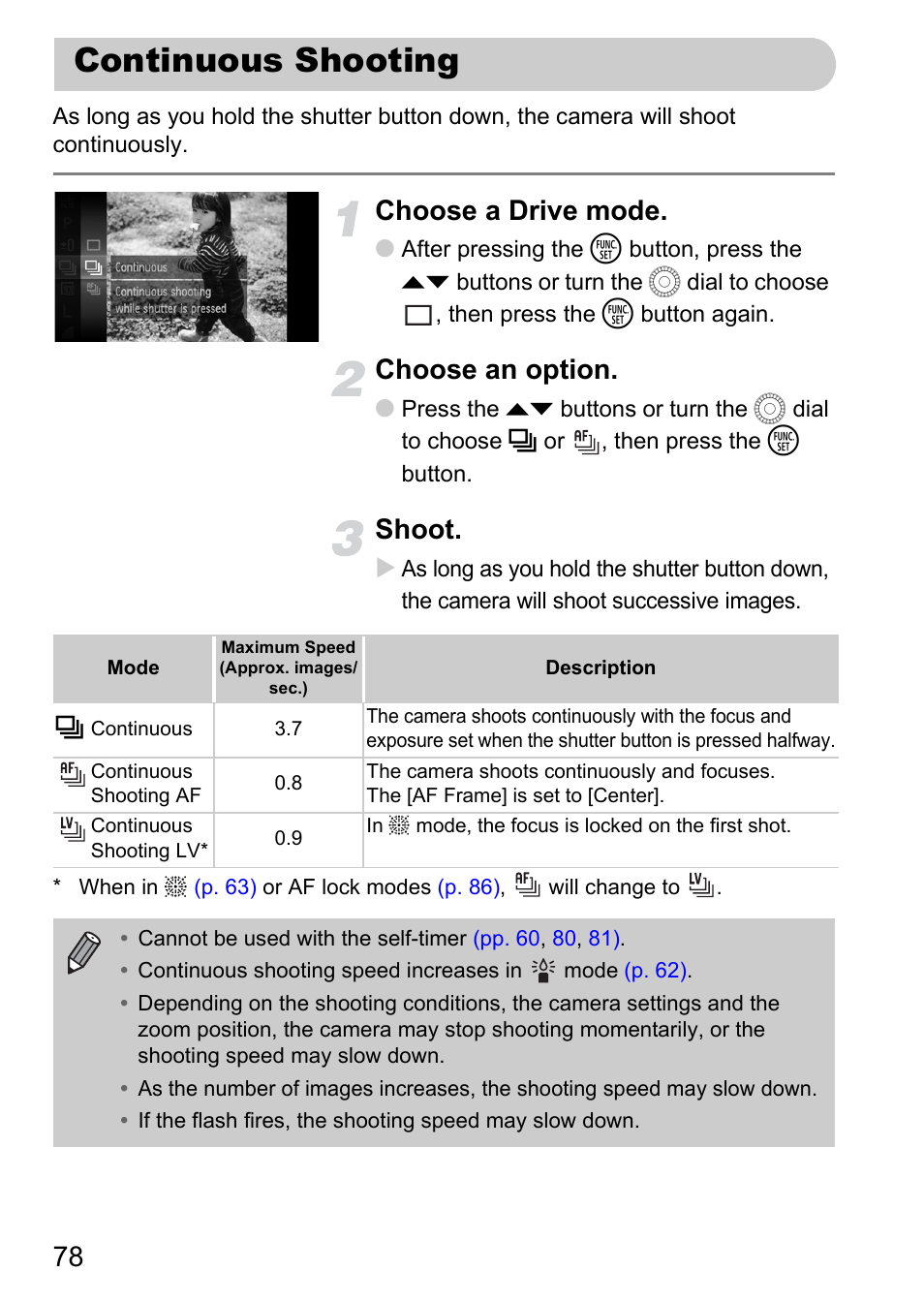 Continuous shooting, Choose a drive mode, Choose an option | Shoot | Canon IXUS 1000 HS User Manual | Page 78 / 178