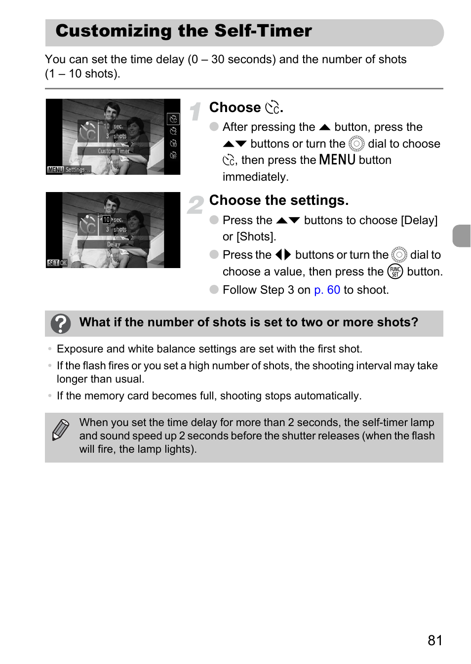 Customizing the self-timer, Choose, Choose the settings | Canon IXUS 1000 HS User Manual | Page 81 / 178