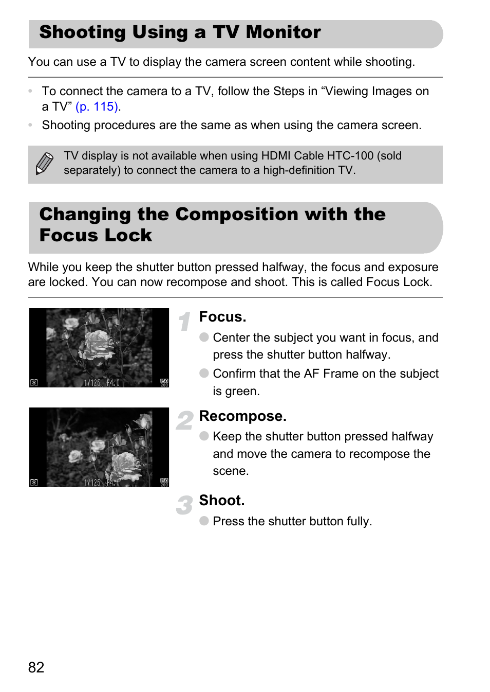 Shooting using a tv monitor, Changing the composition with the focus lock | Canon IXUS 1000 HS User Manual | Page 82 / 178