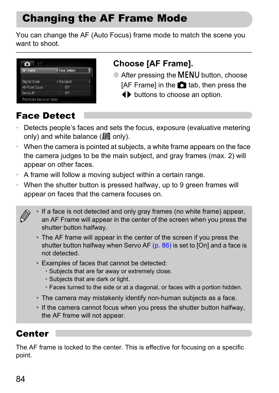 Changing the af frame mode, P. 84), Face detect | Center, Choose [af frame | Canon IXUS 1000 HS User Manual | Page 84 / 178