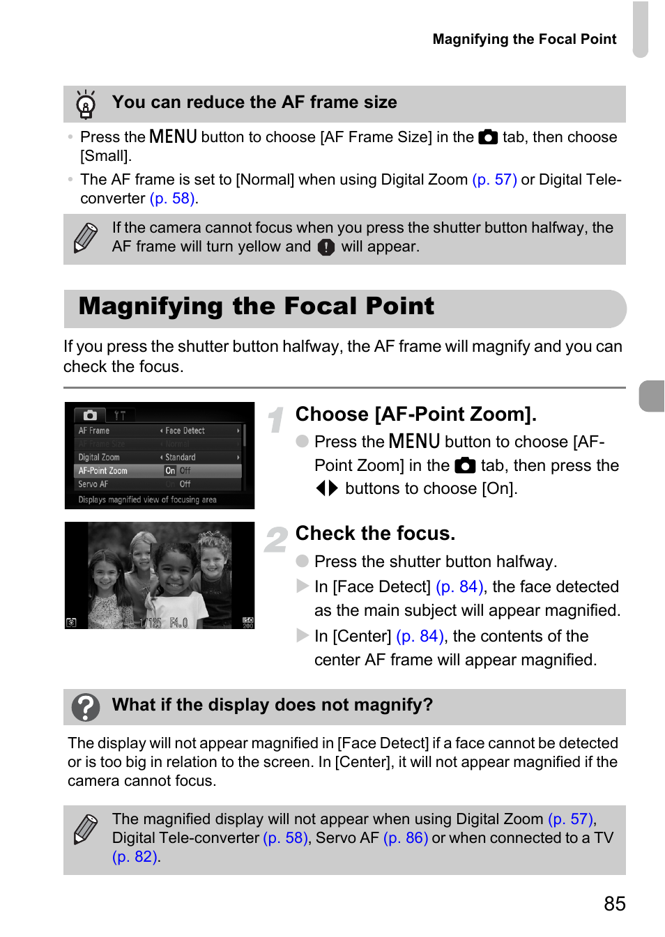 Magnifying the focal point, Choose [af-point zoom, Check the focus | Canon IXUS 1000 HS User Manual | Page 85 / 178