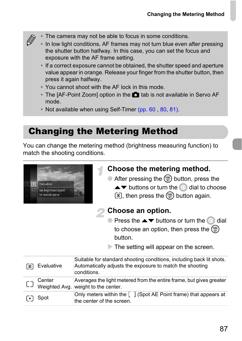 Changing the metering method, Choose the metering method, Choose an option | Canon IXUS 1000 HS User Manual | Page 87 / 178