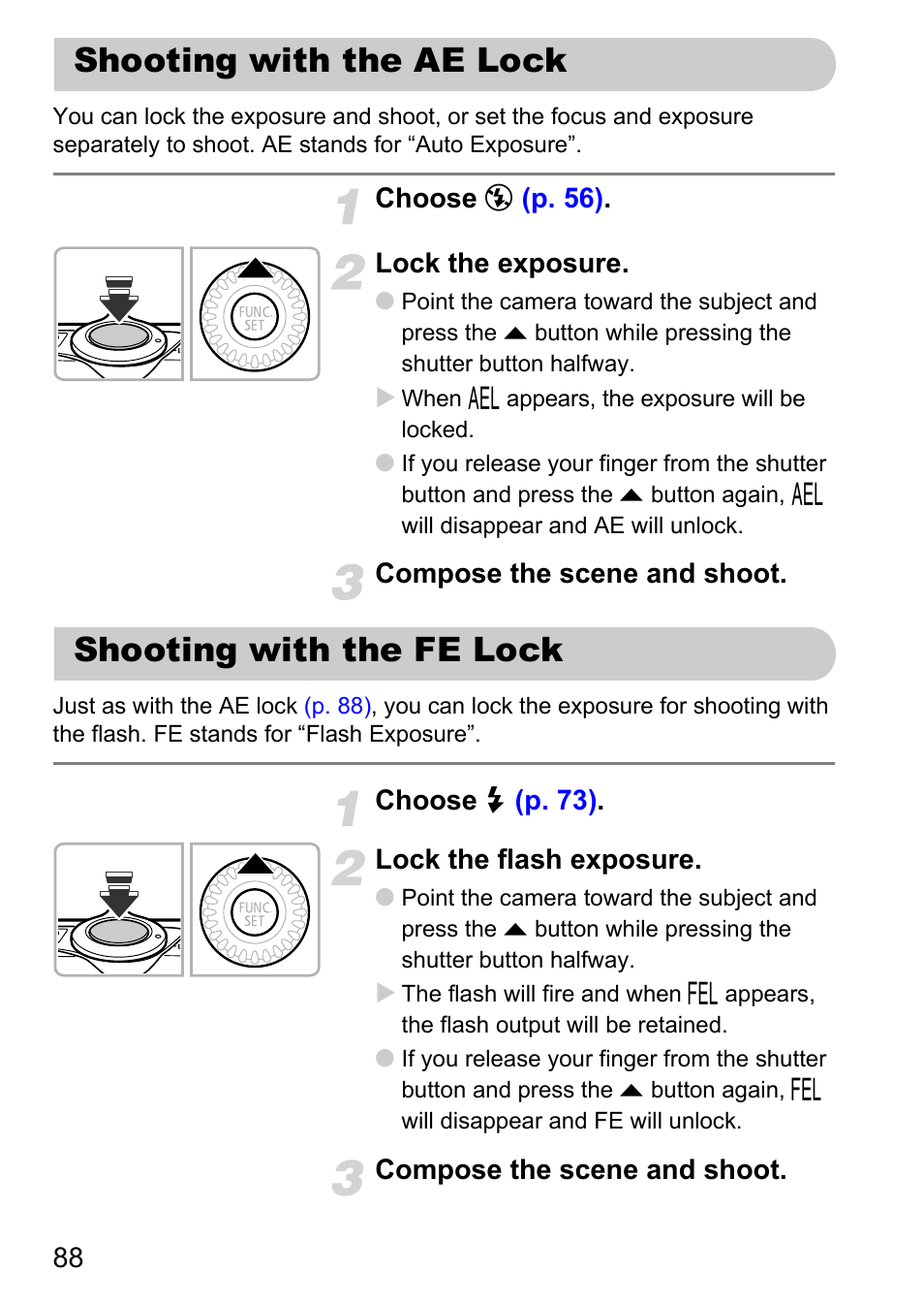 Shooting with the ae lock, Shooting with the fe lock | Canon IXUS 1000 HS User Manual | Page 88 / 178