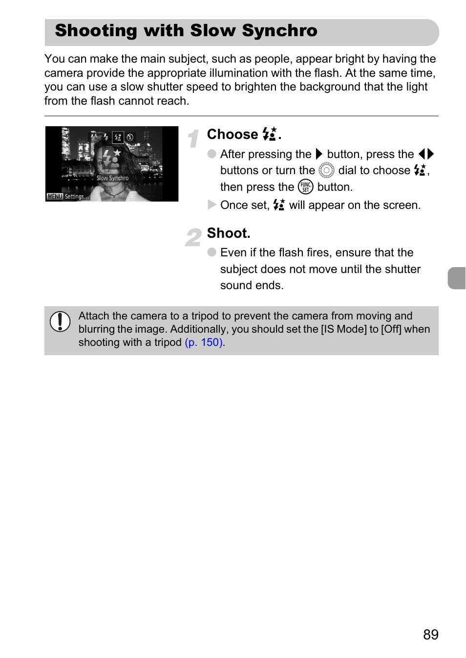 Shooting with slow synchro, Choose, Shoot | Canon IXUS 1000 HS User Manual | Page 89 / 178