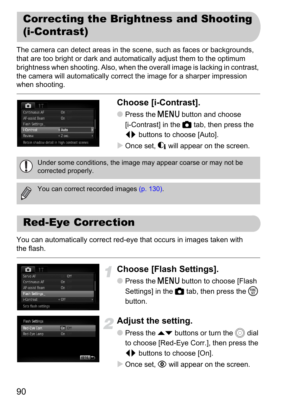 Red-eye correction, Choose [i-contrast, Choose [flash settings | Adjust the setting | Canon IXUS 1000 HS User Manual | Page 90 / 178