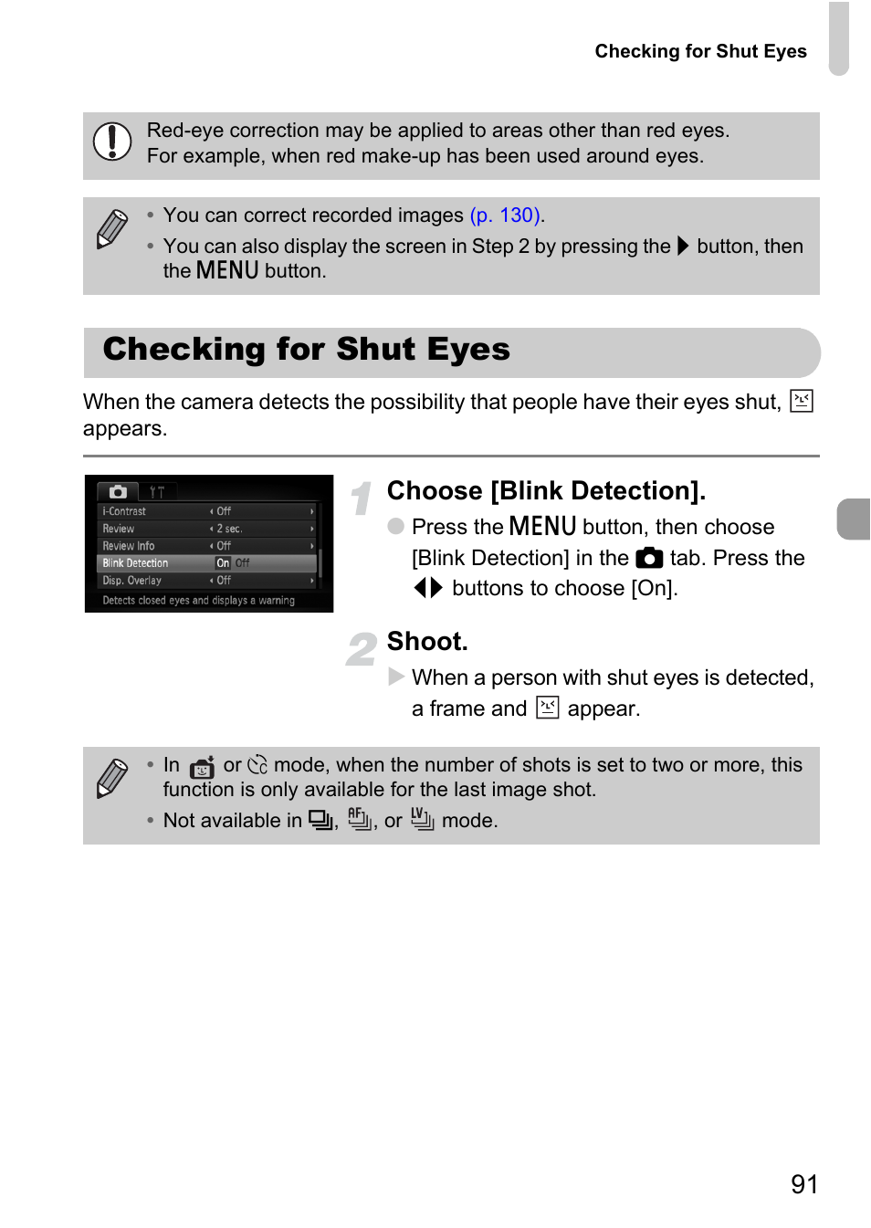 Checking for shut eyes, Choose [blink detection, Shoot | Canon IXUS 1000 HS User Manual | Page 91 / 178