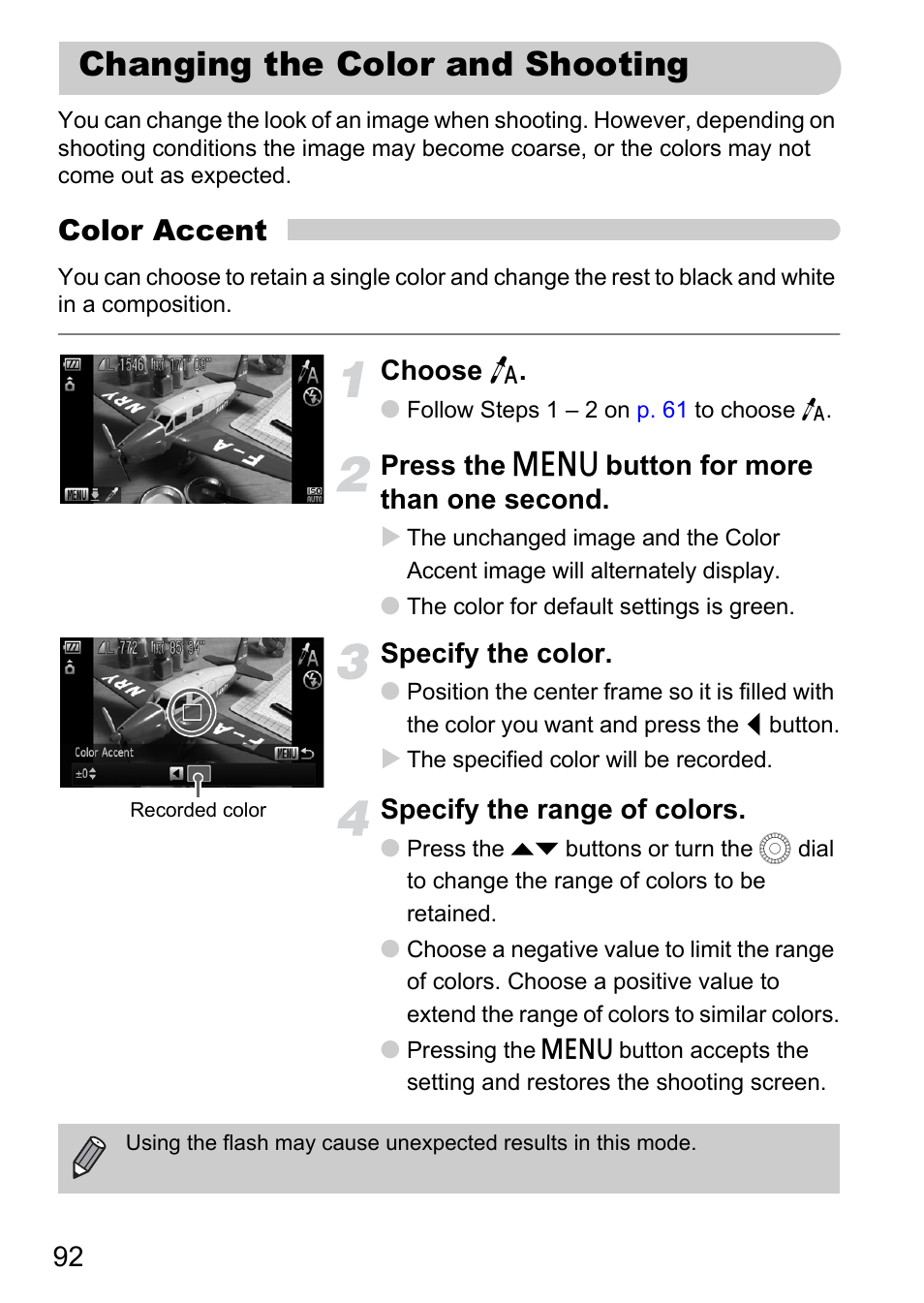 Changing the color and shooting, P. 92), Color accent | Canon IXUS 1000 HS User Manual | Page 92 / 178