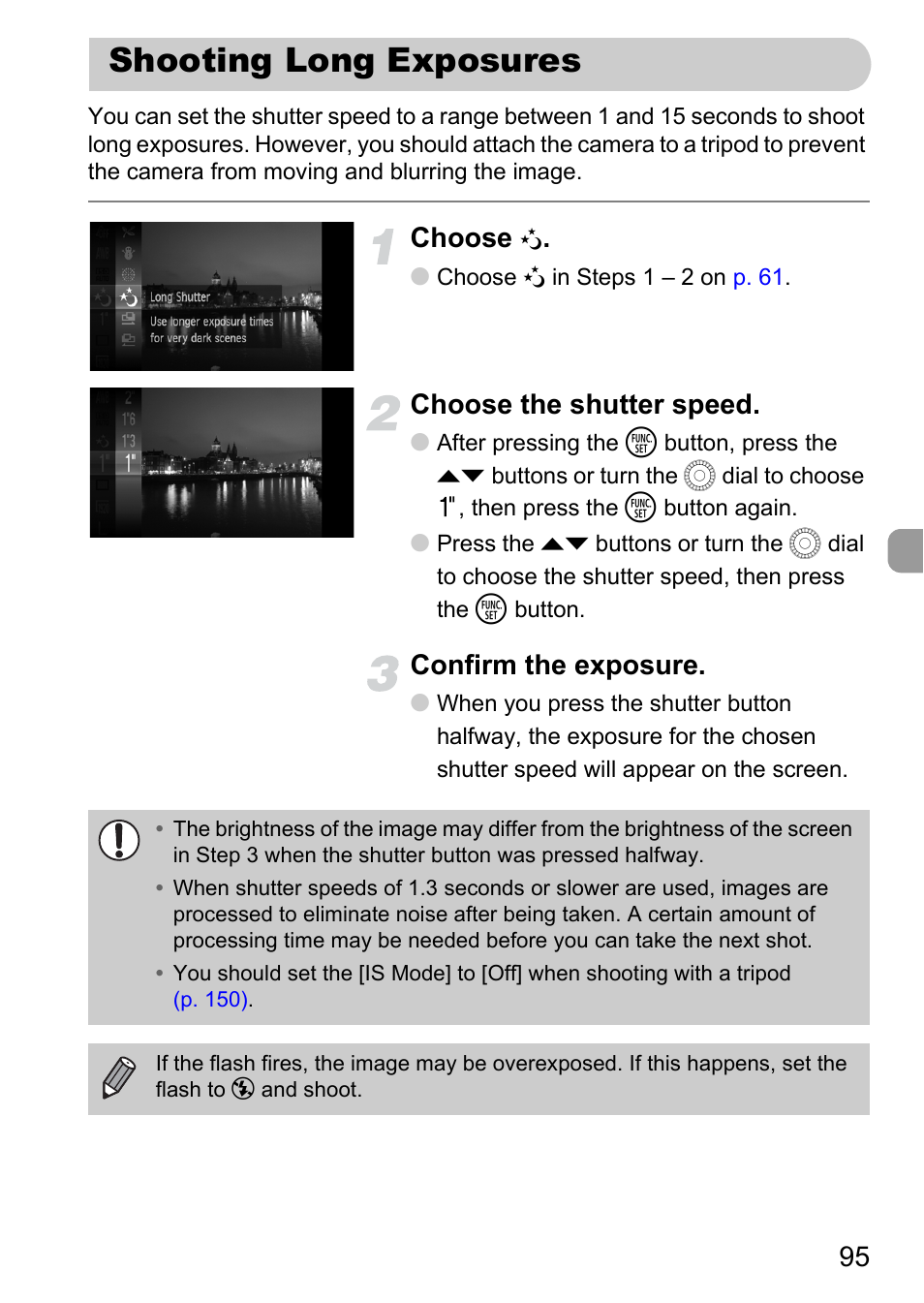 Shooting long exposures, P. 95), Choose | Choose the shutter speed, Confirm the exposure | Canon IXUS 1000 HS User Manual | Page 95 / 178