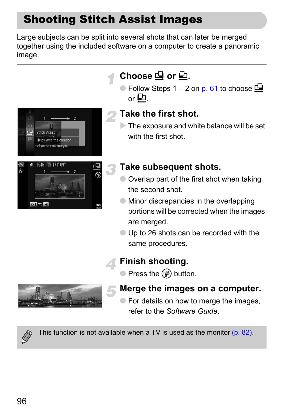 Shooting stitch assist images, P. 96) | Canon IXUS 1000 HS User Manual | Page 96 / 178