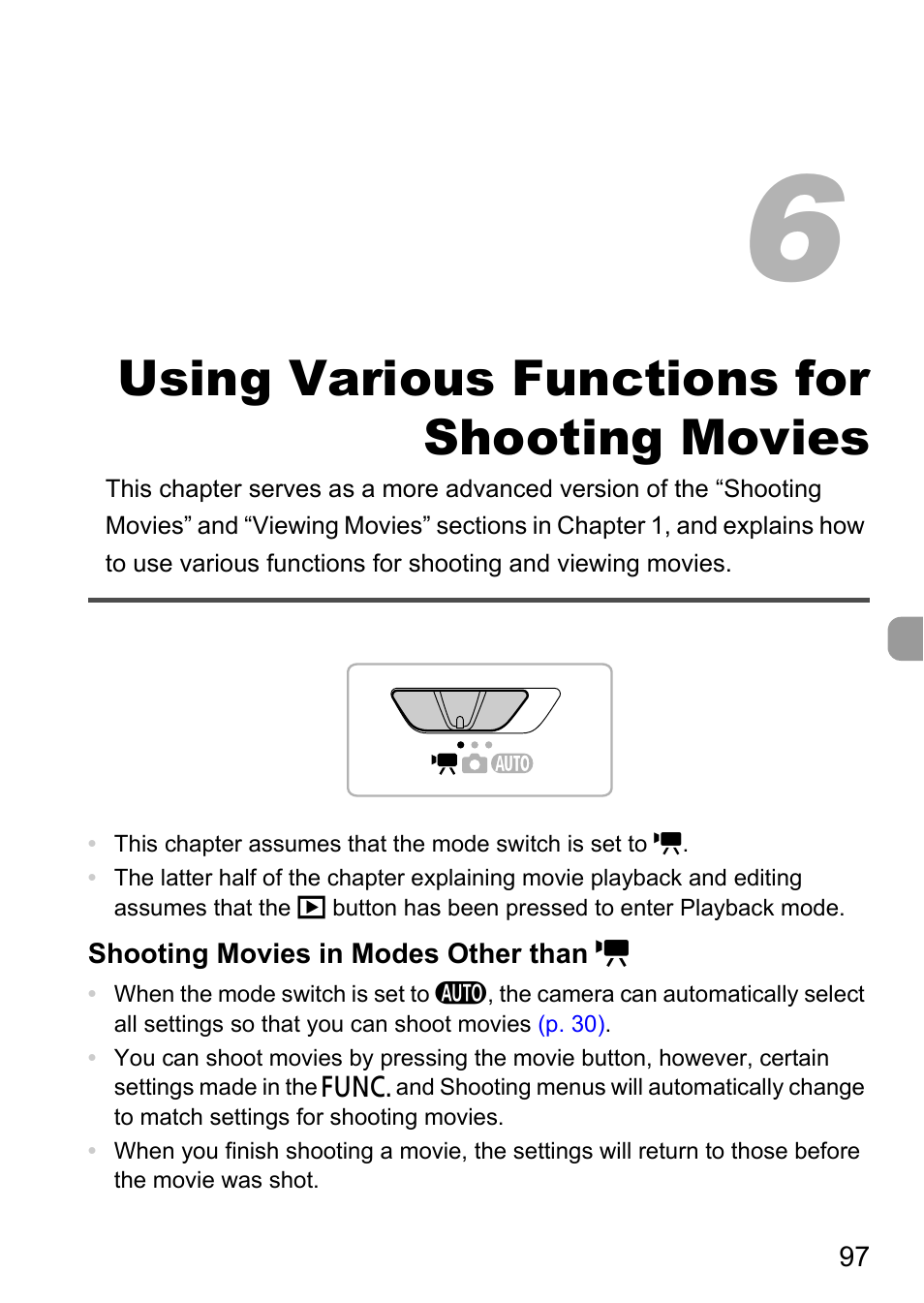 6 using various functions for shooting movies, 6 using various functions for, Shooting movies | P. 97), Using various functions for shooting movies | Canon IXUS 1000 HS User Manual | Page 97 / 178