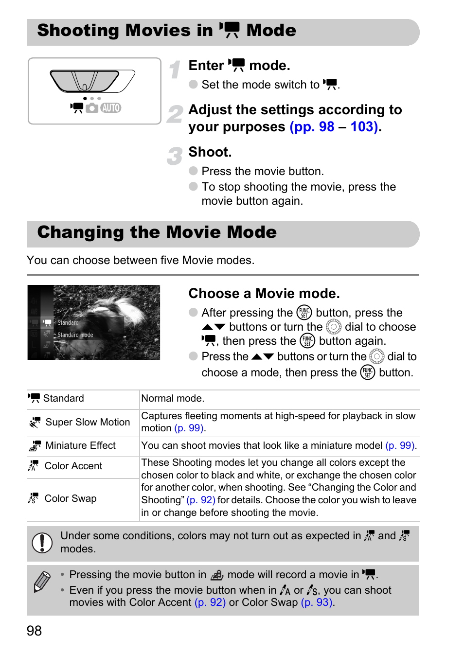 Shooting movies in movie mode, Changing the movie mode, Shooting movies in | E mode, Shooting movies in e mode changing the movie mode, 98 enter e mode, Choose a movie mode | Canon IXUS 1000 HS User Manual | Page 98 / 178