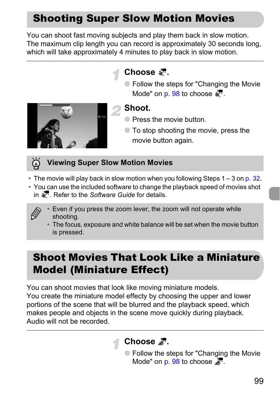 Shooting super slow motion movies, Otion, P. 99) | Choose, Shoot | Canon IXUS 1000 HS User Manual | Page 99 / 178