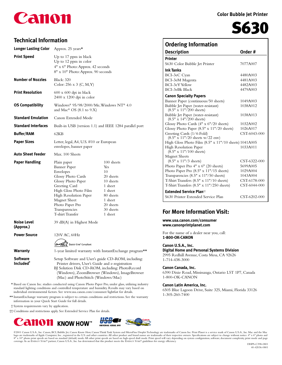 S630, Technical information, Ordering information | For more information visit | Canon BUBBLE JET S630 User Manual | Page 2 / 2