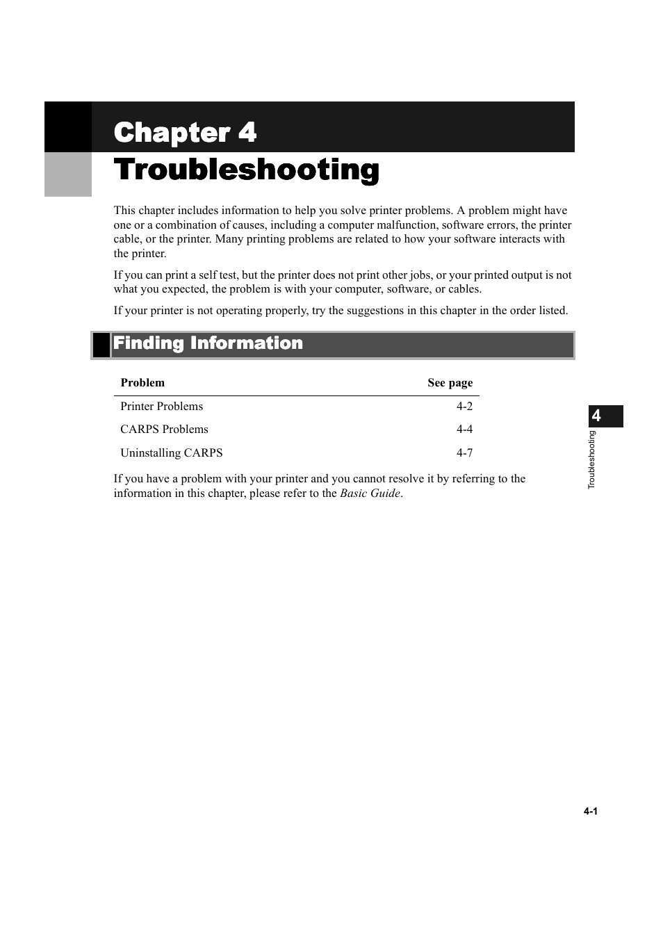 Troubleshooting, Finding information, Chapter 4: troubleshooting | Finding information -1, Chapter 4 | Canon D300 User Manual | Page 104 / 121