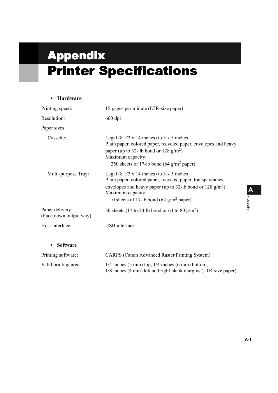 Appendix, Printer specifications | Canon D300 User Manual | Page 111 / 121