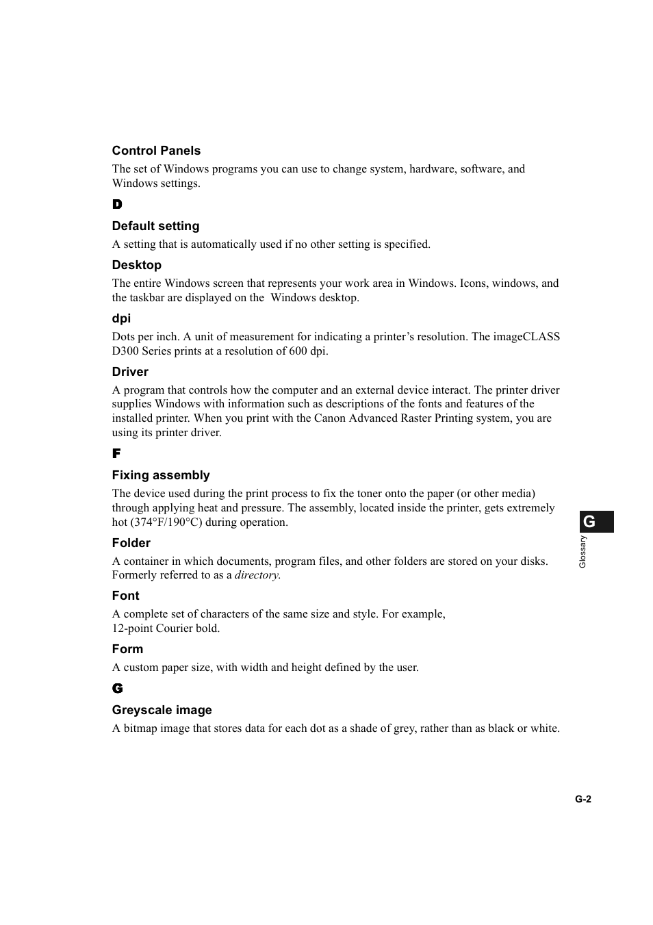 Control panels, g-2, Default setting, g-2, Dpi, g-2 | Fixing assembly, g-2 font, g-2 form, g-2, Greyscale image, g-2 | Canon D300 User Manual | Page 116 / 121
