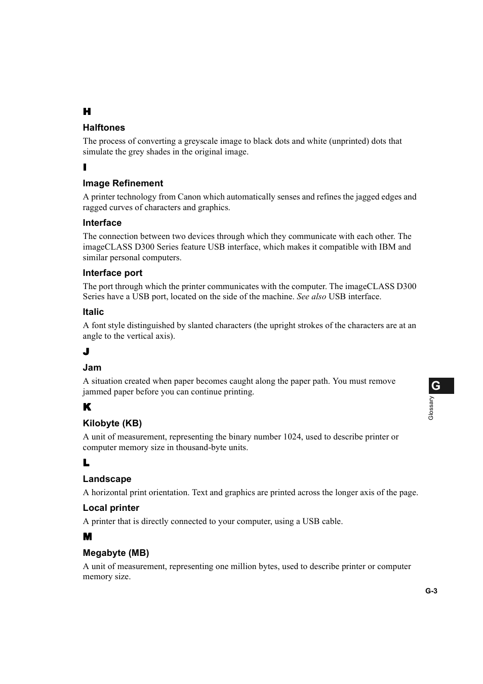 Halftones, g-3, Image refinement, g-3, Interface, g-3 interface port, g-3 | Landscape, g-3, Megabyte, g-3 | Canon D300 User Manual | Page 117 / 121