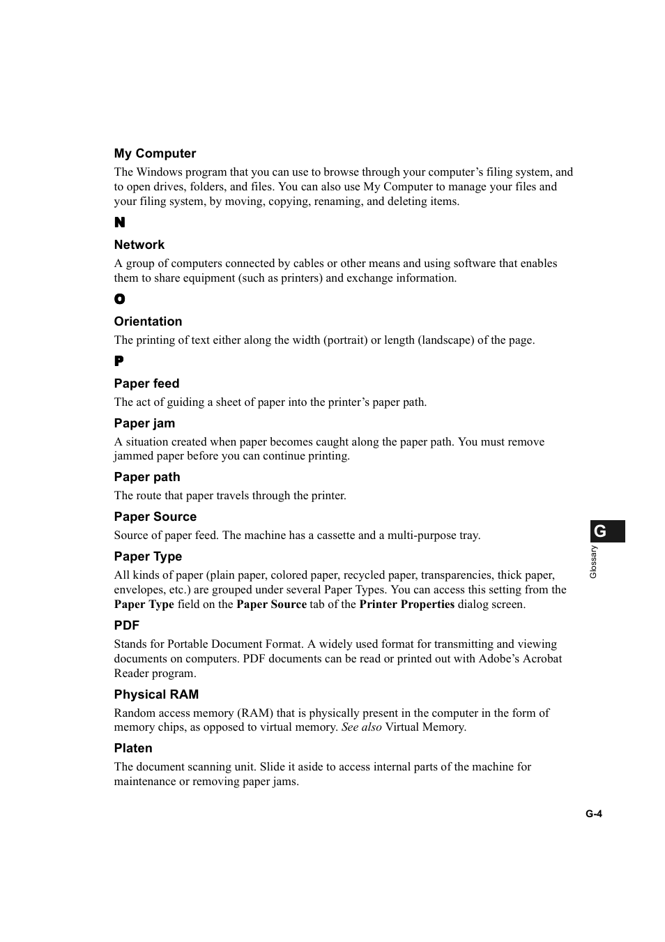 Orientation, g-4, Paper feed, g-4, Paper source, g-4 paper type, g-4 pdf, g-4 | Canon D300 User Manual | Page 118 / 121