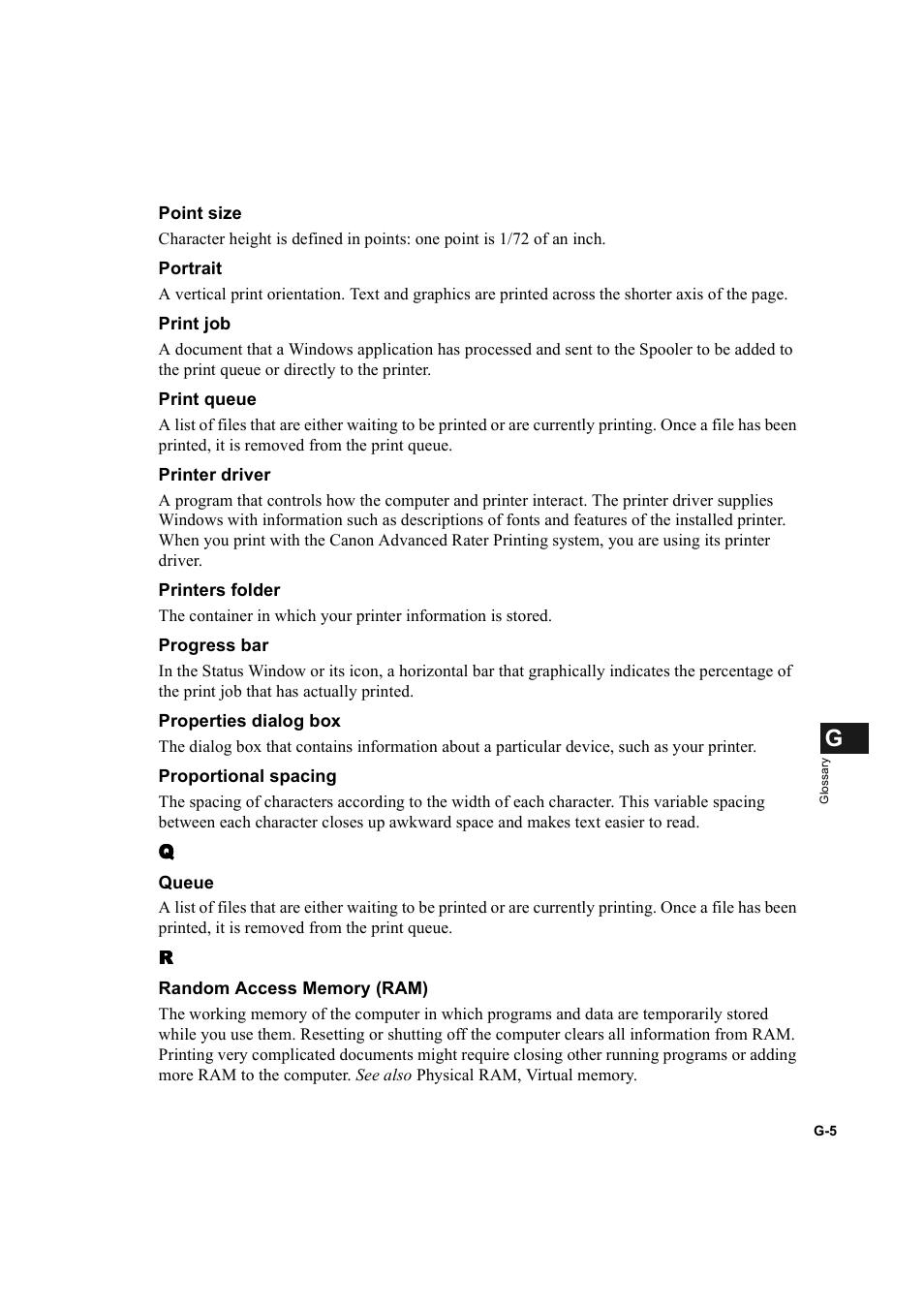 Portrait, g-5, Print queue, g-5, Progress bar, g-5 | Queue, g-5, Random access memory, g-5 | Canon D300 User Manual | Page 119 / 121