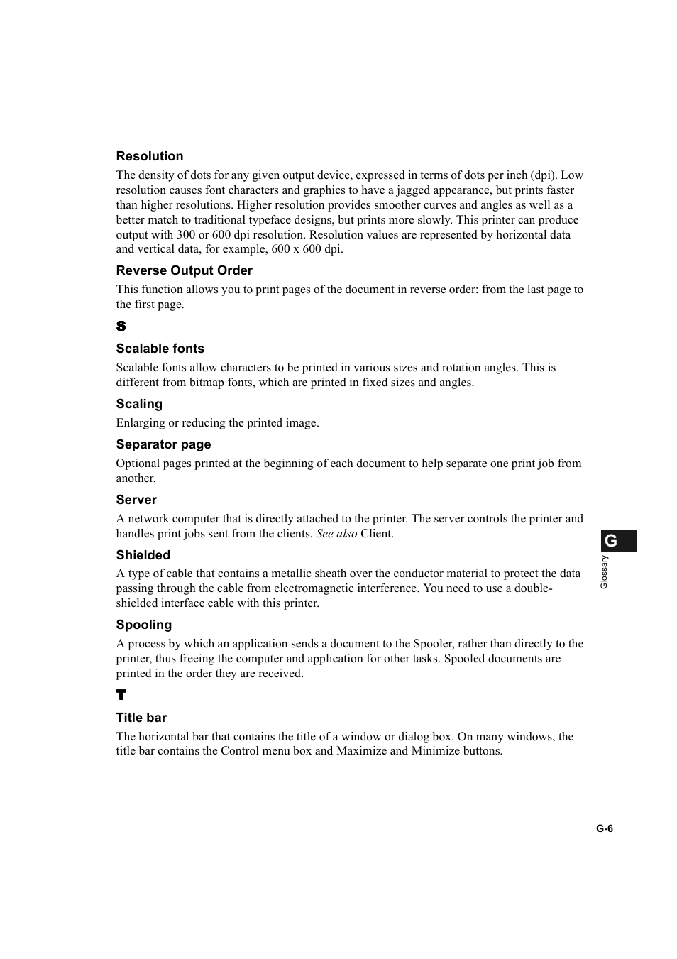 Reverse output order, g-6, Scaling, g-6, Server, g-6 | Shielded, g-6, Spooling, g-6 | Canon D300 User Manual | Page 120 / 121