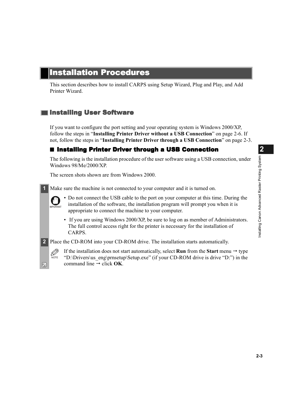 Installation procedures, Installation procedures -3, Installing user software -3 | Installing user software | Canon D300 User Manual | Page 15 / 121