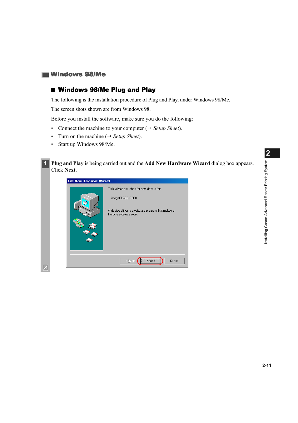 Windows 98/me -11, Windows 98/me, Windows 98/me plug and play | Canon D300 User Manual | Page 23 / 121