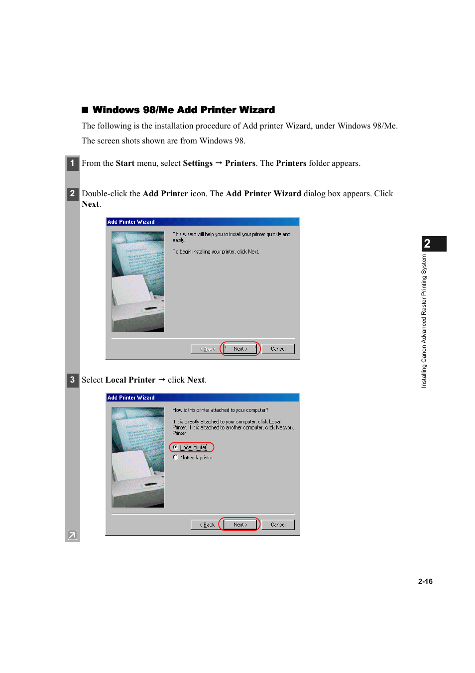 Windows 98/me add printer wizard | Canon D300 User Manual | Page 28 / 121