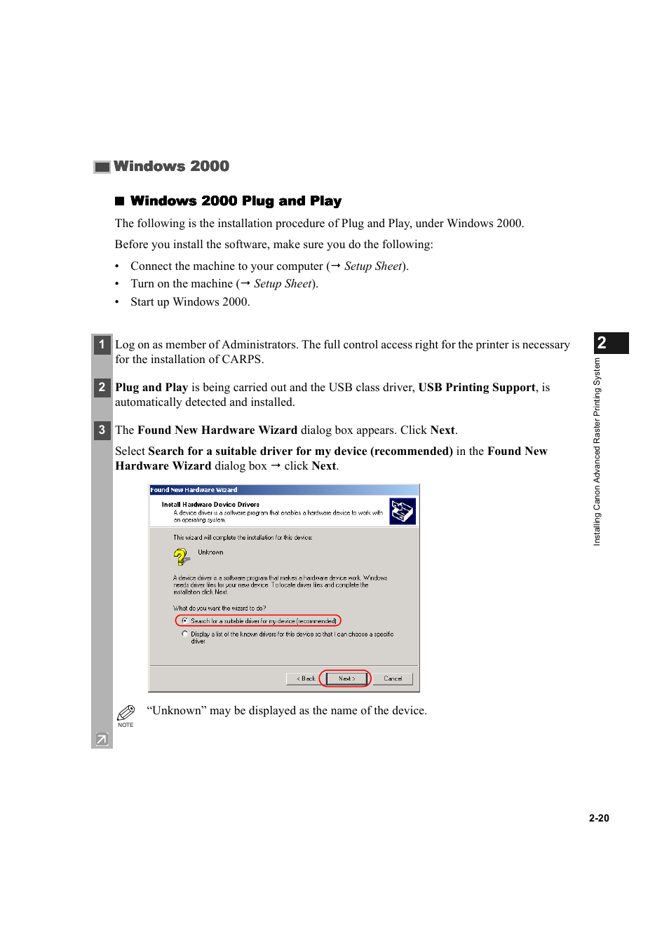 Windows 2000 -20, Windows 2000, Windows 2000 plug and play | Canon D300 User Manual | Page 32 / 121