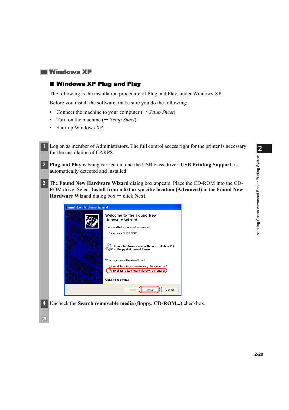 Windows xp -29, Windows xp ” o, Windows xp | Windows xp plug and play | Canon D300 User Manual | Page 41 / 121