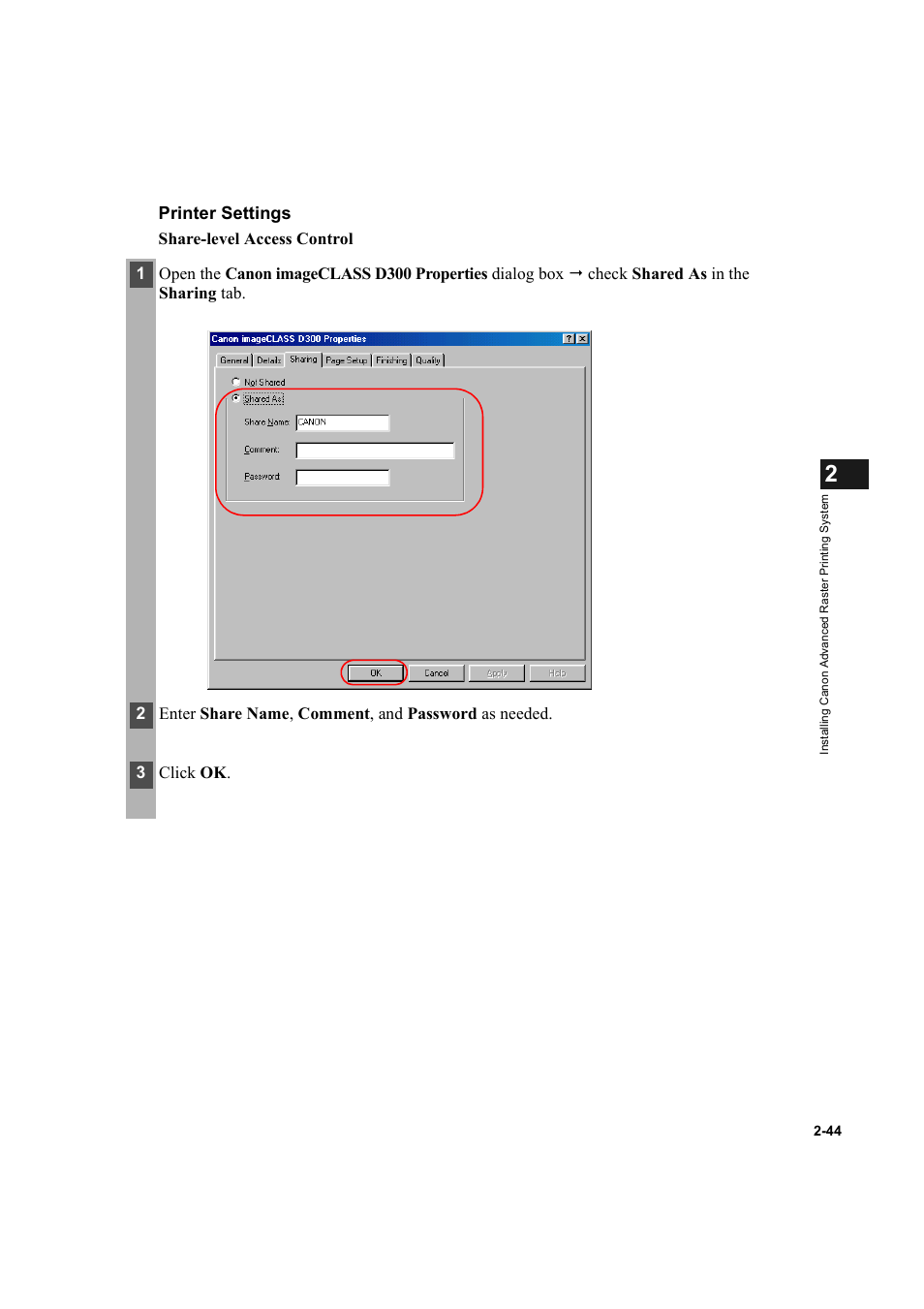 Printer settings | Canon D300 User Manual | Page 56 / 121