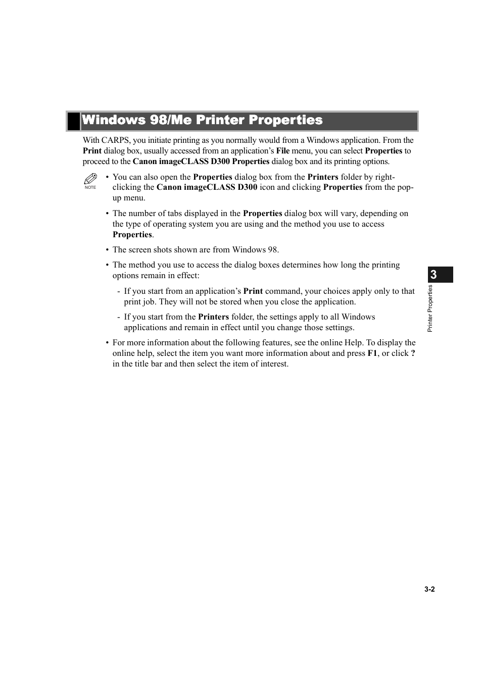 Windows 98/me printer properties, Windows 98/me printer properties -2 | Canon D300 User Manual | Page 63 / 121