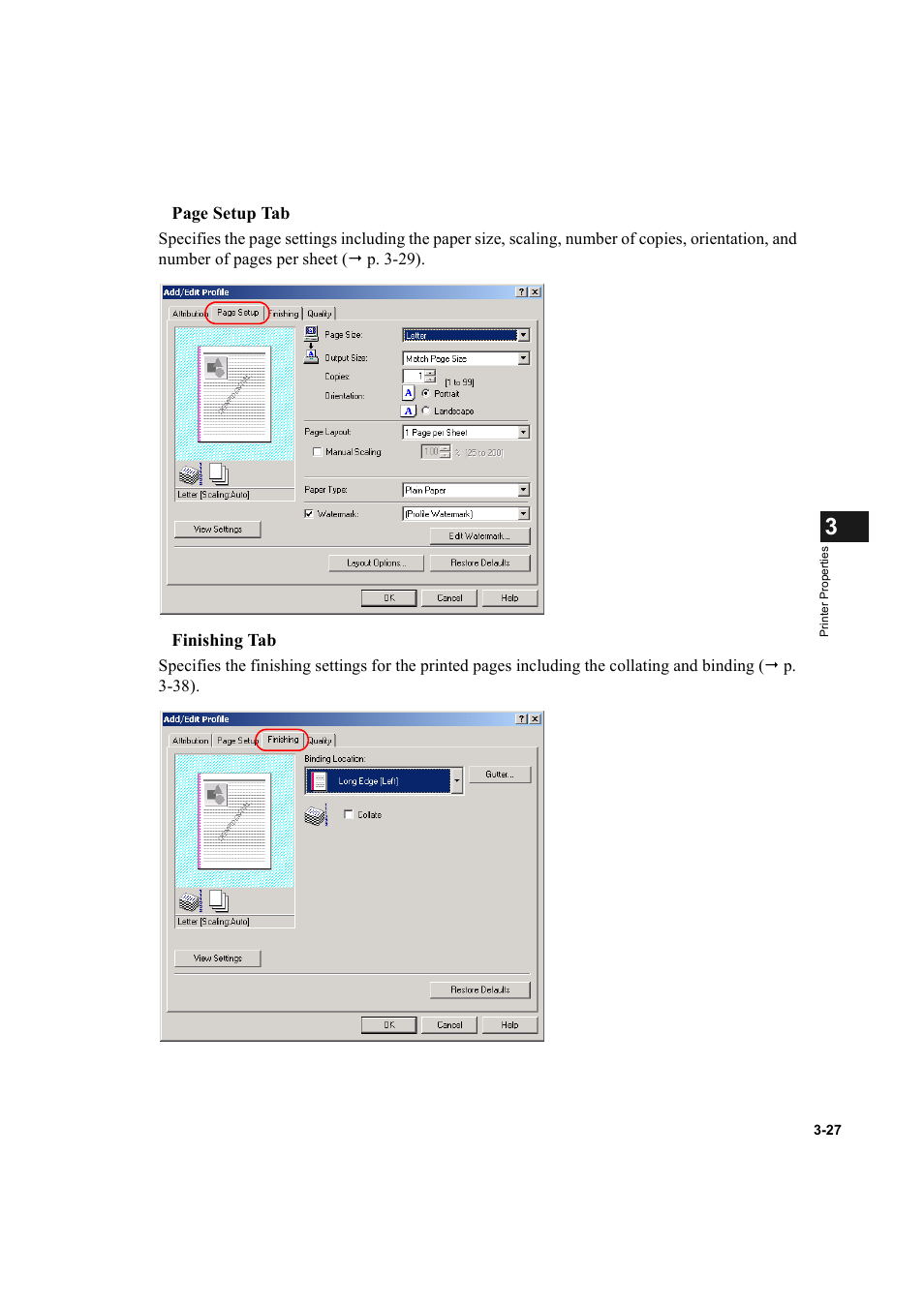 Page setup tab, Finishing tab | Canon D300 User Manual | Page 88 / 121