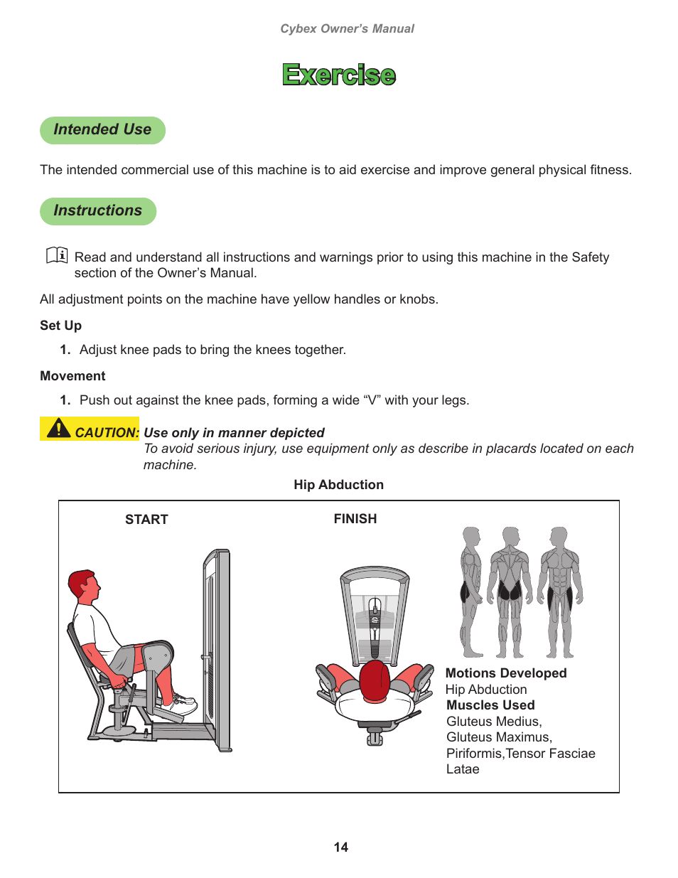 Exercise, Intended use, Instructions | Cybex 12200 VR3 Hip Abduction User Manual | Page 14 / 26