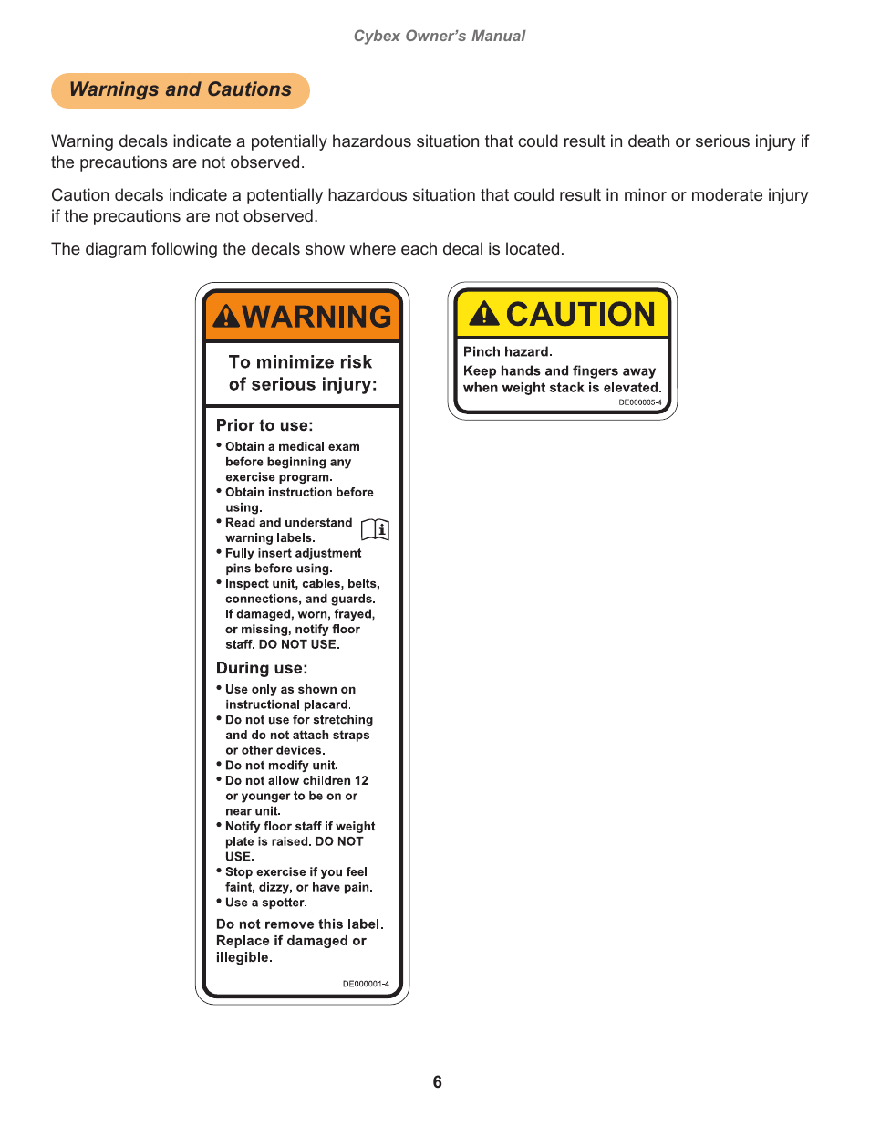 Warnings and cautions, Owatonna, Cybex owner’s manual | Cybex 12200 VR3 Hip Abduction User Manual | Page 6 / 26