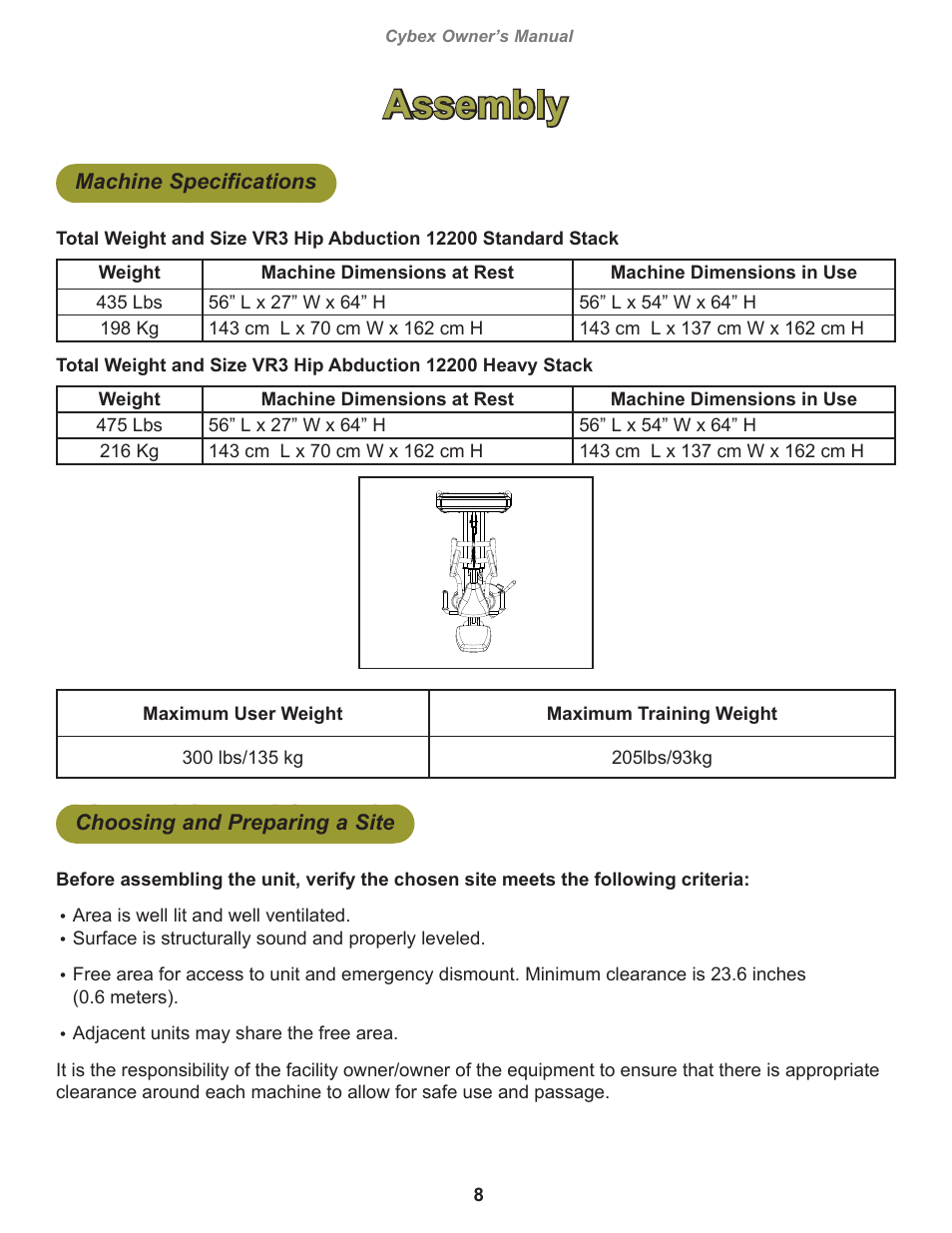 Assembly, Machine specifications, Choosing and preparing a site | Cybex 12200 VR3 Hip Abduction User Manual | Page 8 / 26