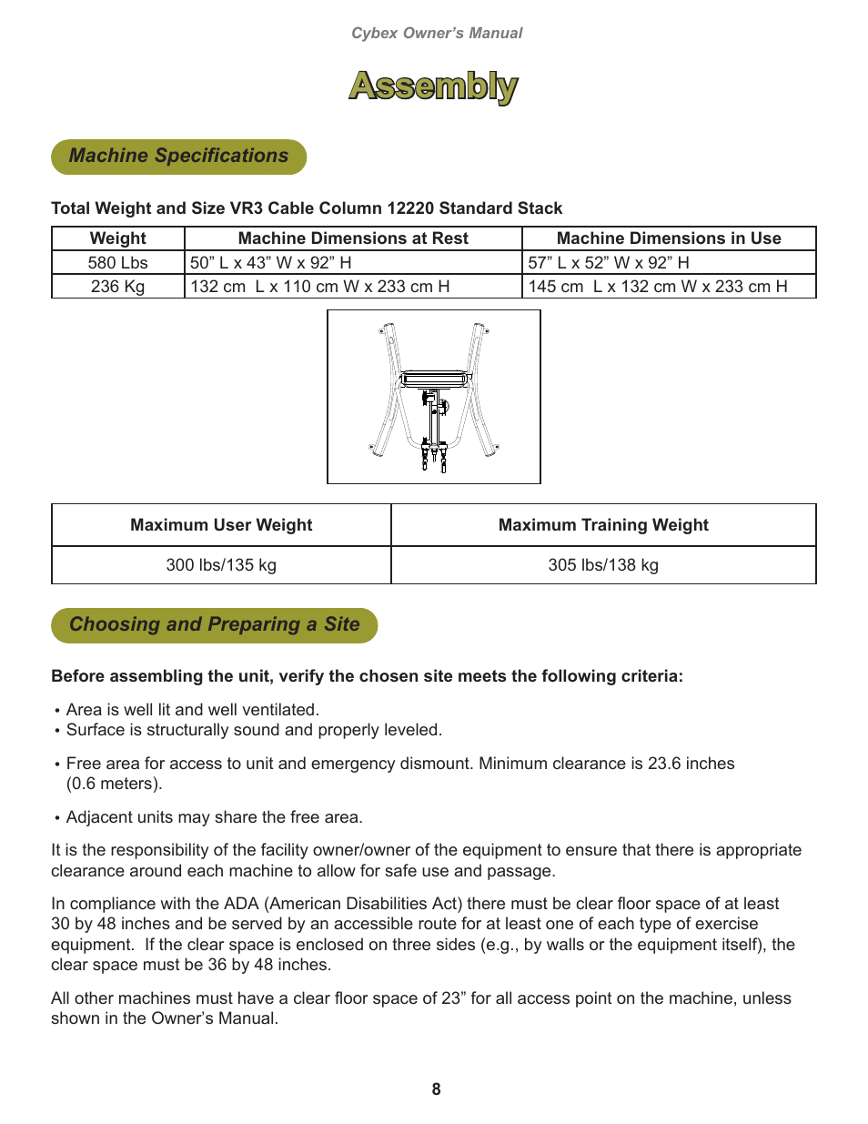 Assembly, Machine specifications, Choosing and preparing a site | Cybex 12220 VR3 Cable Column User Manual | Page 8 / 28