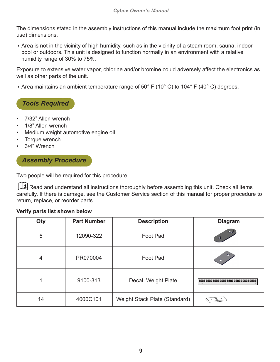 Tools required, Assembly procedure, Cybex owner’s manual | Cybex 12220 VR3 Cable Column User Manual | Page 9 / 28