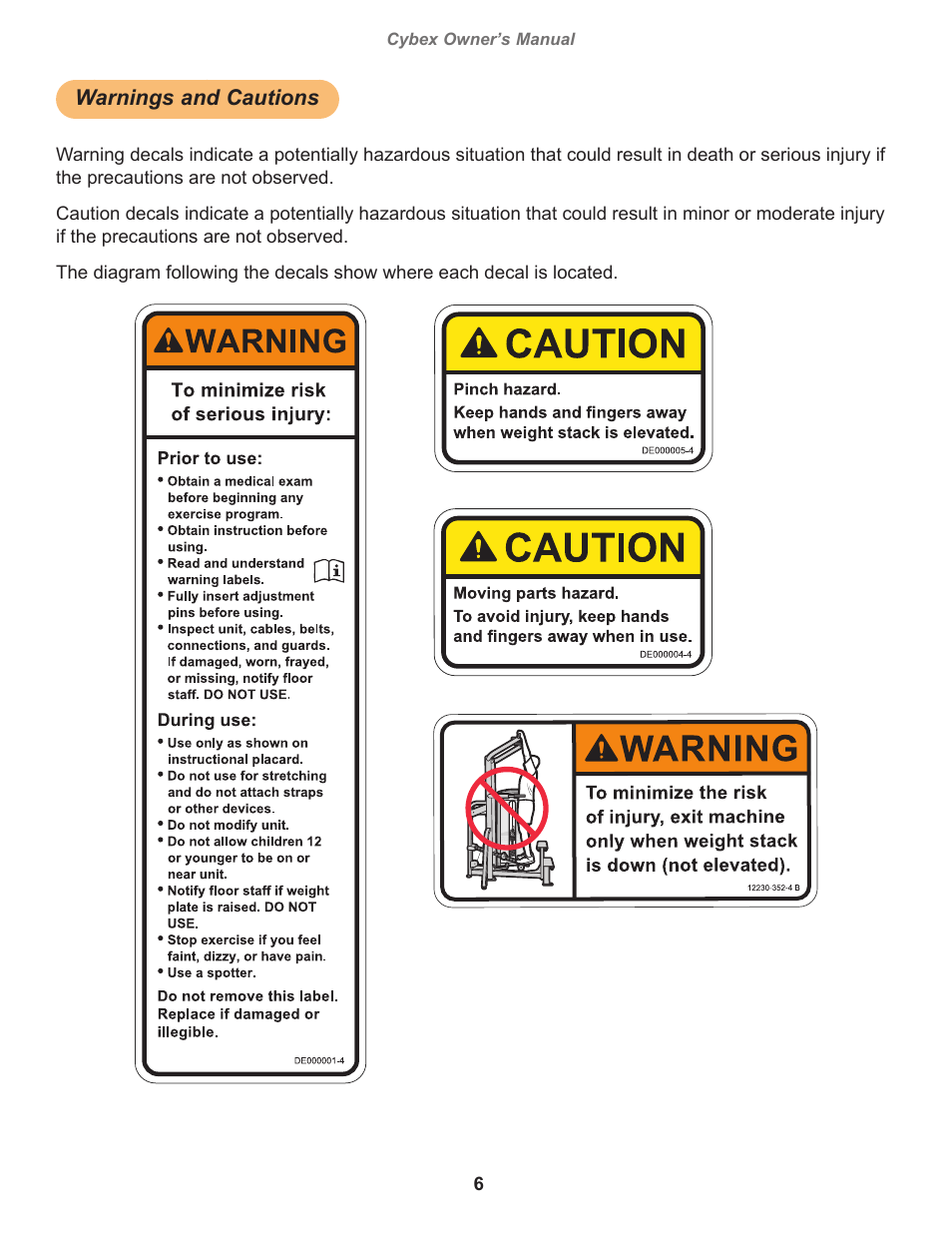 Warnings and cautions, Cybex owner’s manual, Owatonna | Cybex 12231 VR3 Dip Chin User Manual | Page 6 / 28