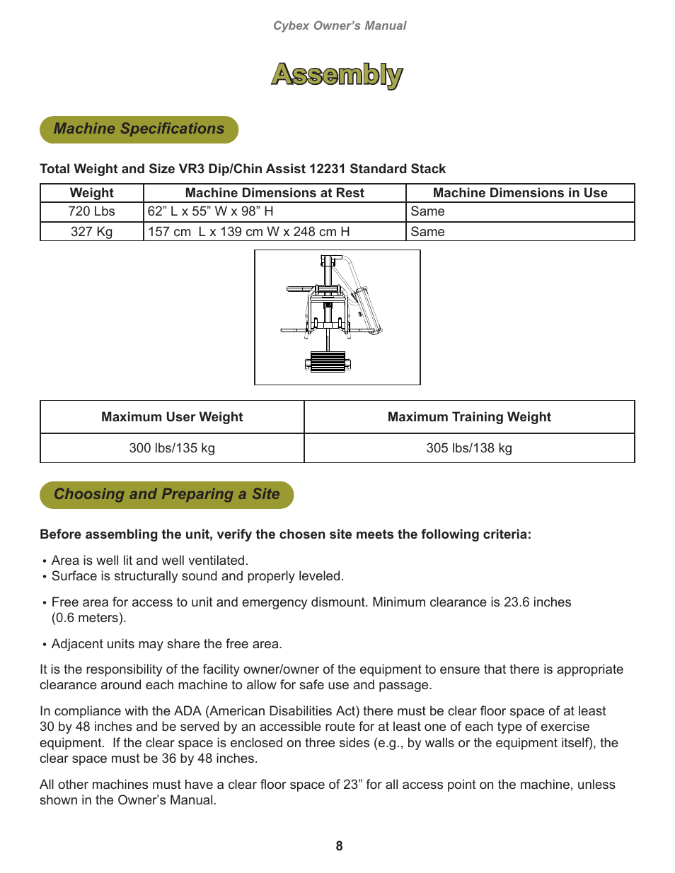 Assembly, Machine specifications, Choosing and preparing a site | Cybex 12231 VR3 Dip Chin User Manual | Page 8 / 28