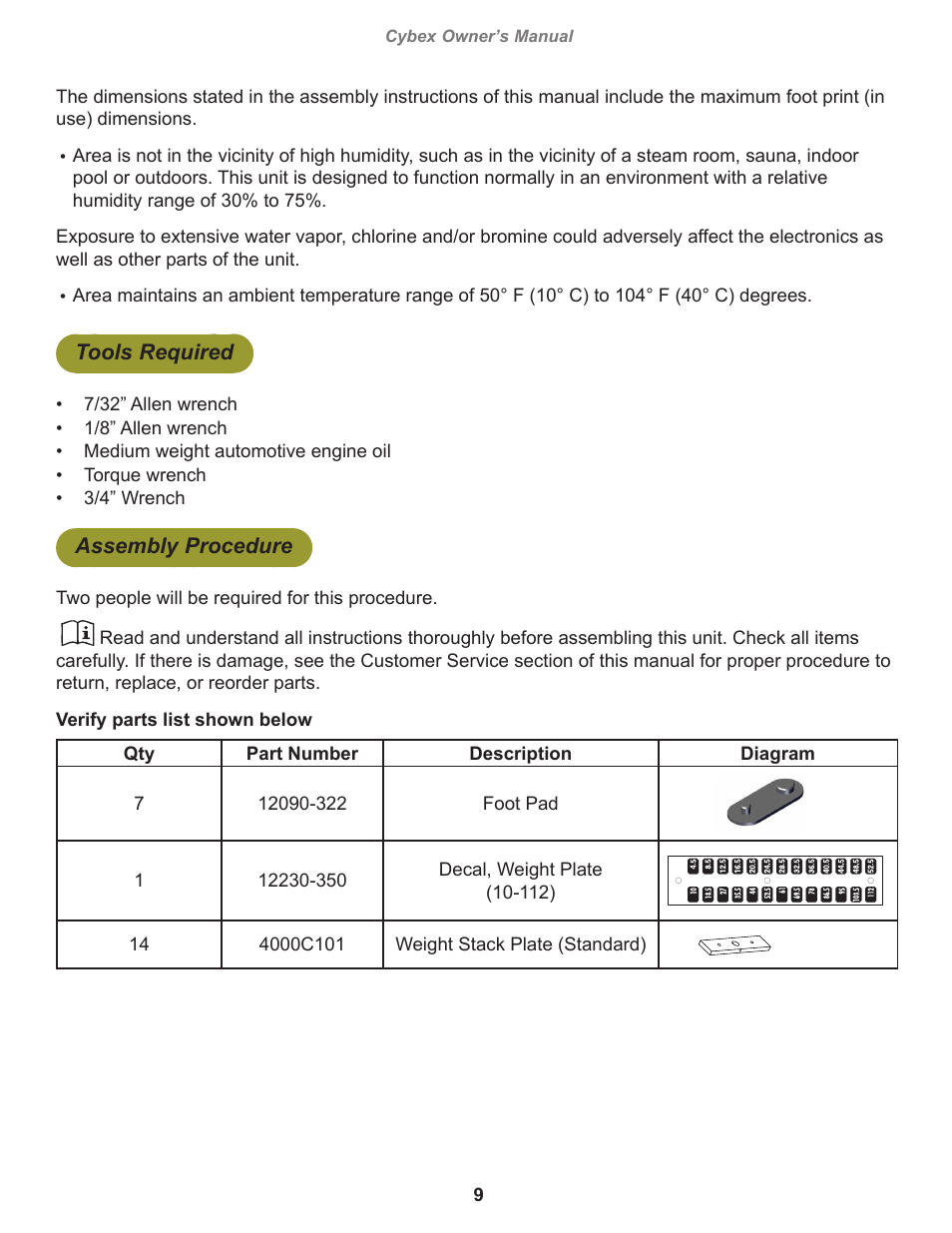 Tools required, Assembly procedure, Cybex owner’s manual | Cybex 12231 VR3 Dip Chin User Manual | Page 9 / 28