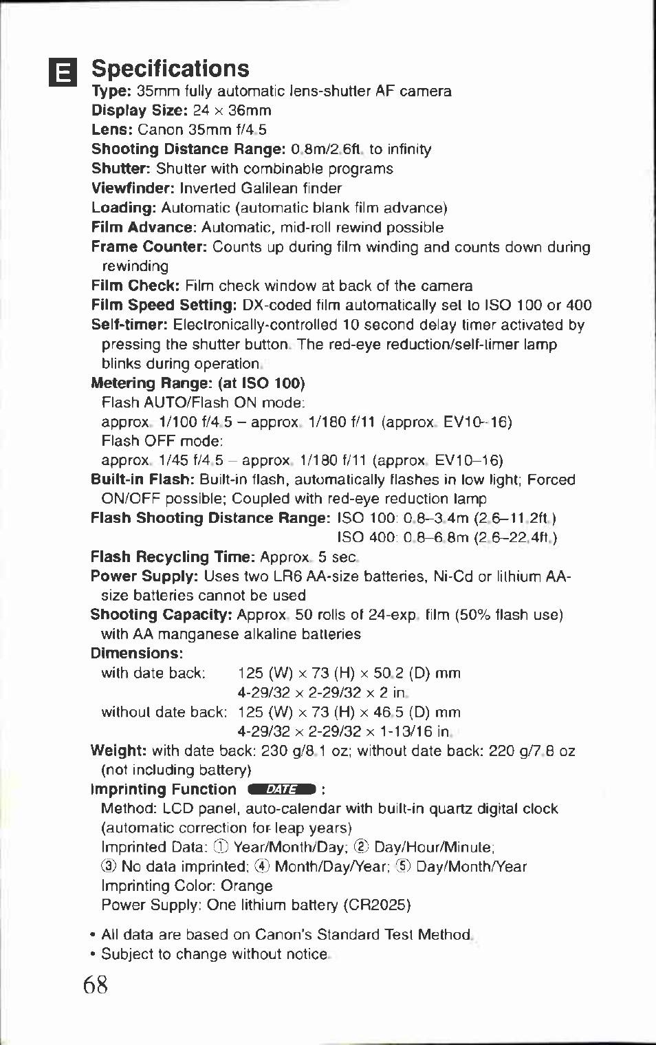 Specifications, Type, Display size | Lens, Shooting distance range, Shutter, Viewfinder, Loading, Film advance, Frame counter | Canon AF-8 User Manual | Page 68 / 72