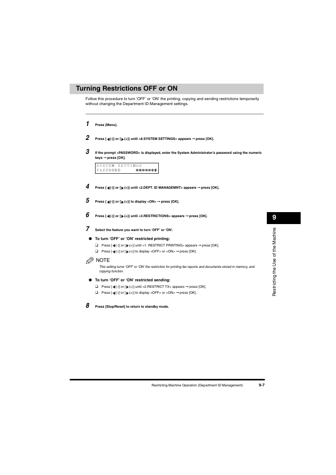 Turning restrictions off or on, Turning restrictions off or on -7, 9turning restrictions off or on | Canon L380S User Manual | Page 109 / 224