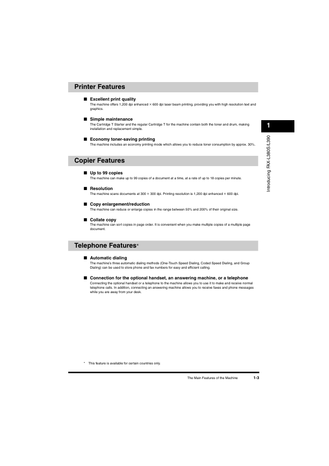 Printer features, Copier features, Telephone features | 1printer features | Canon L380S User Manual | Page 14 / 224