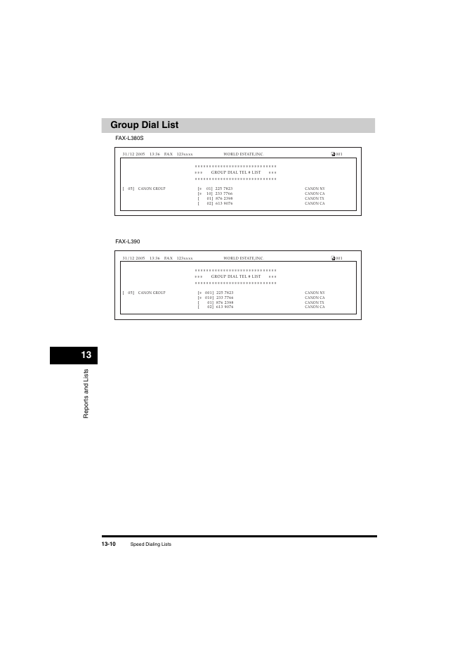 Group dial list, Group dial list -10, 13 group dial list | Rep o rt s and lists | Canon L380S User Manual | Page 143 / 224