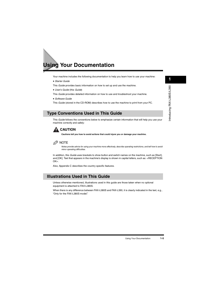 Using your documentation, Type conventions used in this guide, Illustrations used in this guide | Using your documentation -5 | Canon L380S User Manual | Page 16 / 224